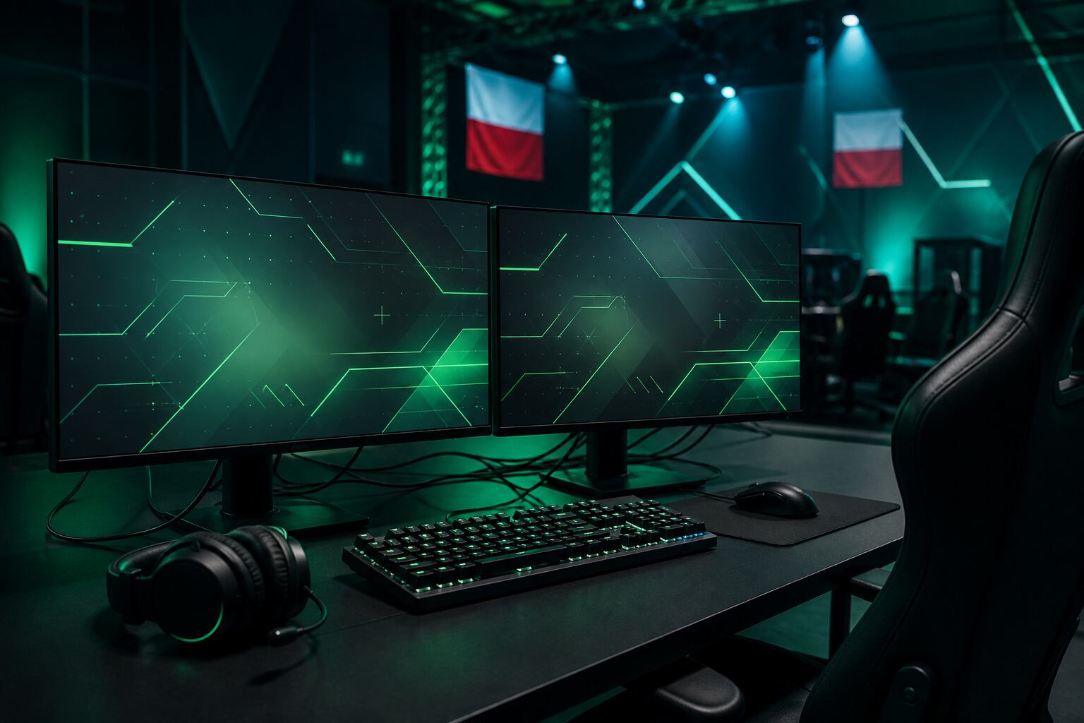 Stanowisko e-sportowe bez osób i marek — monitory z abstrakcyjnym interfejsem
